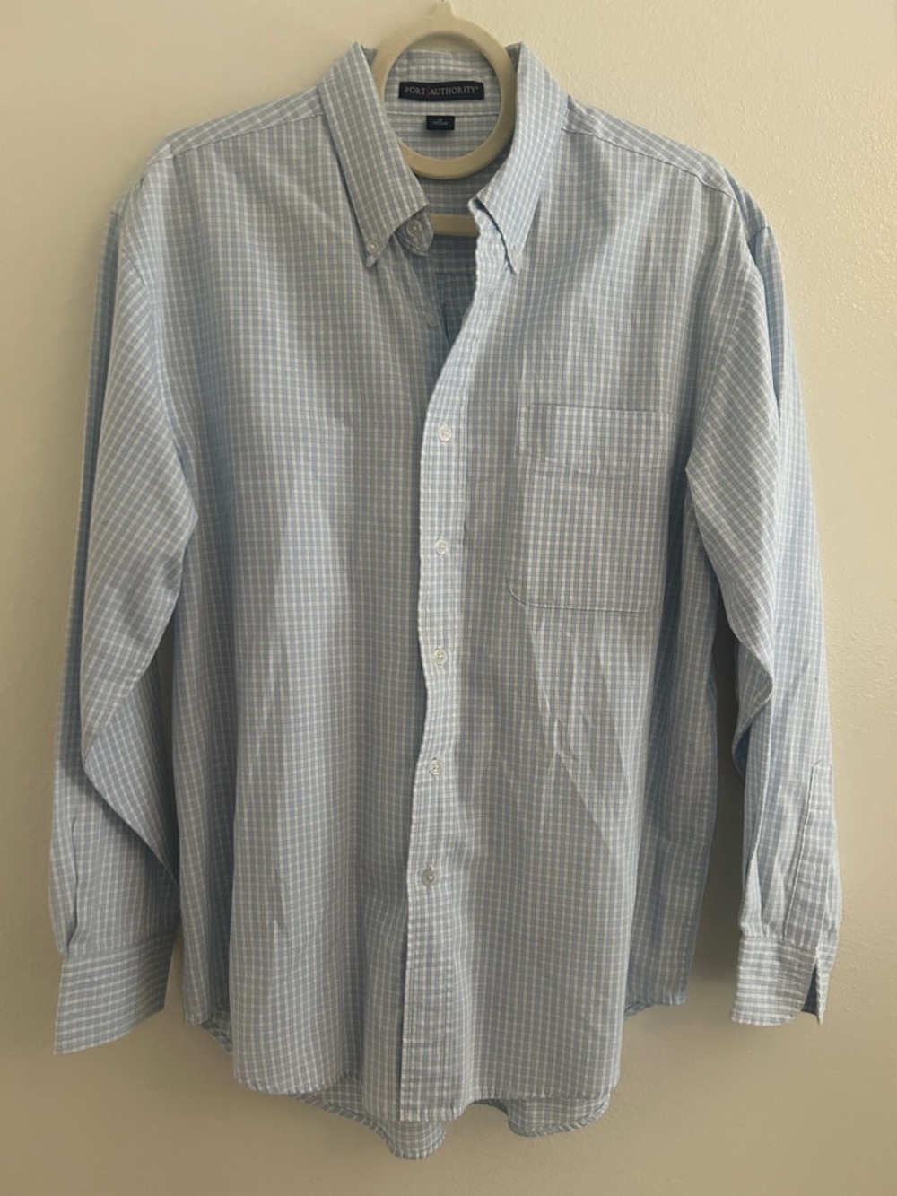 2 Port Authority Light Blue and Tan Plaid Windowpane Button-Down Shirt - Men's